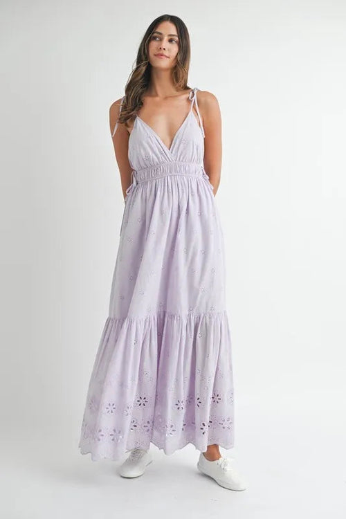 MABLE Eyelet Lace Maxi Dress With Side Strap Details