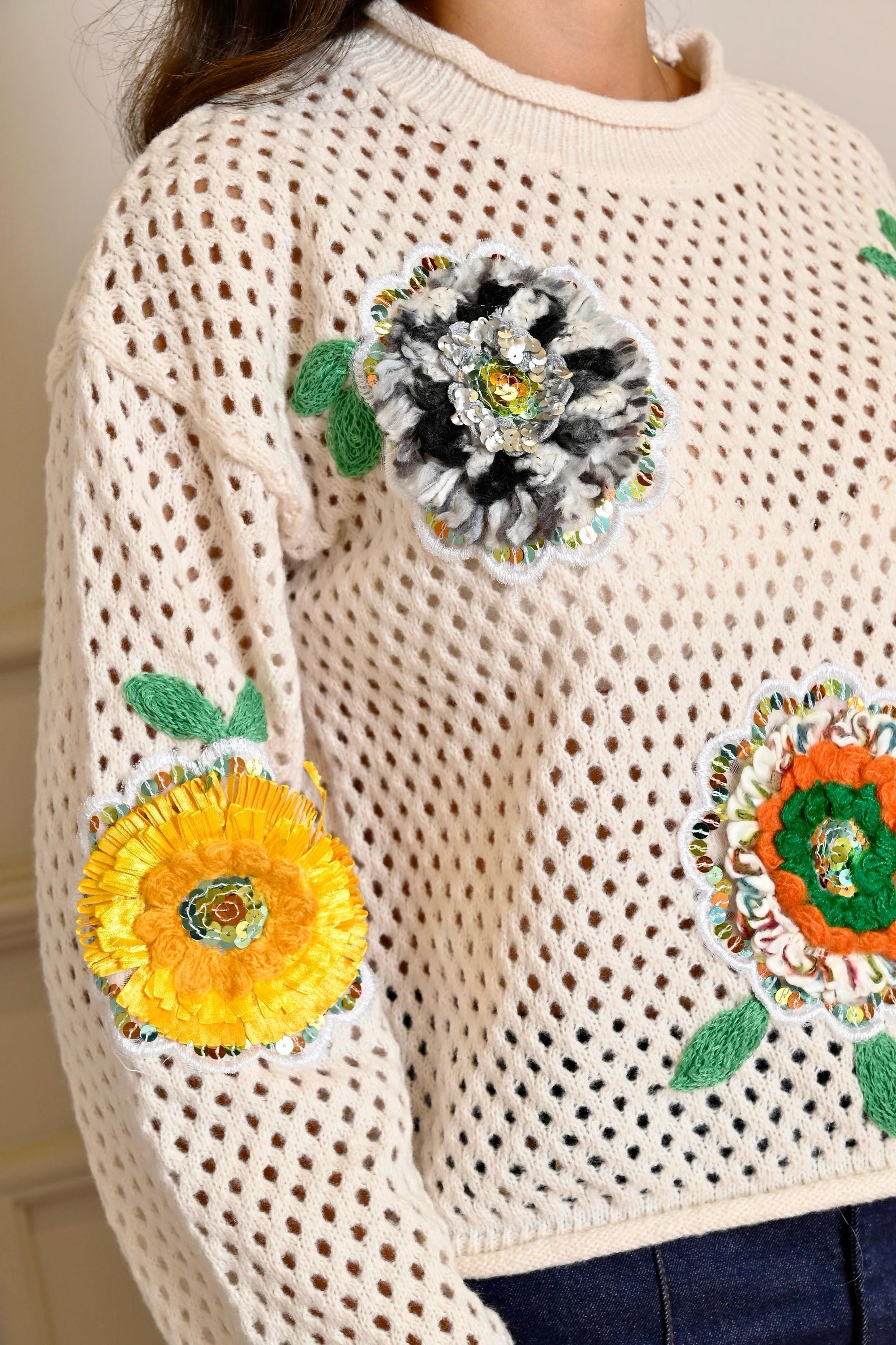 Beige Flower Knit Sweater