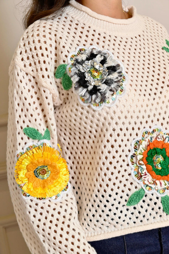 Beige Flower Knit Sweater