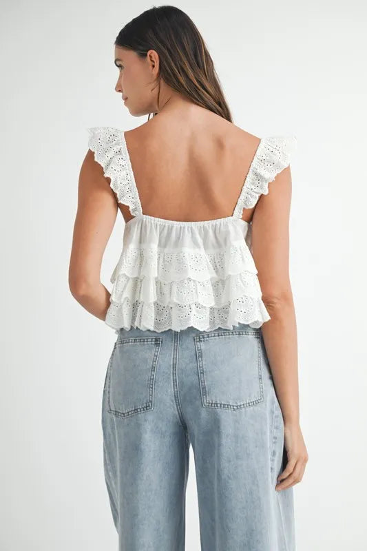 MABLE Eyelet Embroidered Front Tie Ruffle Top