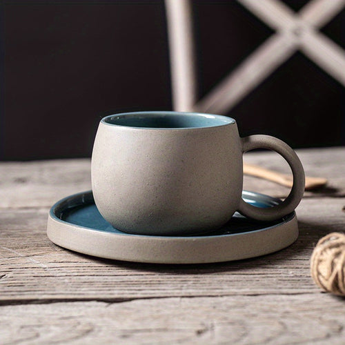 Retro Colorblock Insulated Ceramic Coffee Mug and Saucer Set