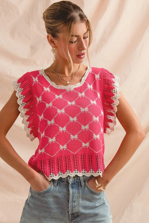 SO ME Bow Ribbon Pattern Sweater Top with Back Key Hole