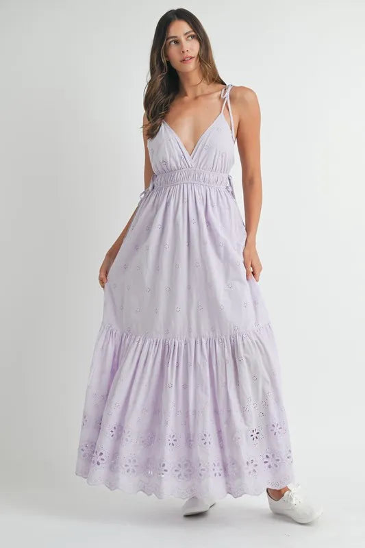 MABLE Eyelet Lace Maxi Dress With Side Strap Details