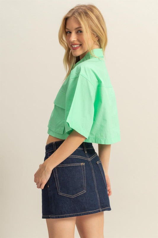HYFVE Front Pockets Poplin Collared Neck Crop Shirt