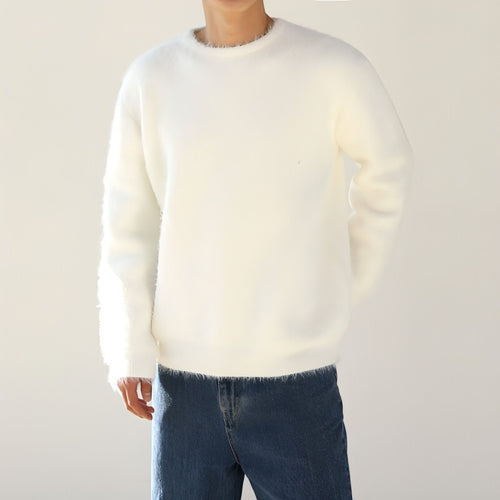 Mohair Solid Color Men's Sweater Winter Thick Round Neck