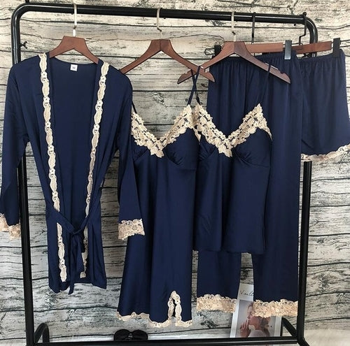 2019 Women Sleepwear 5 Pieces Pyjamas Satin Silk