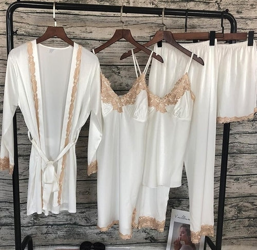 2019 Women Sleepwear 5 Pieces Pyjamas Satin Silk