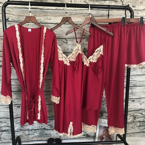 2019 Women Sleepwear 5 Pieces Pyjamas Satin Silk