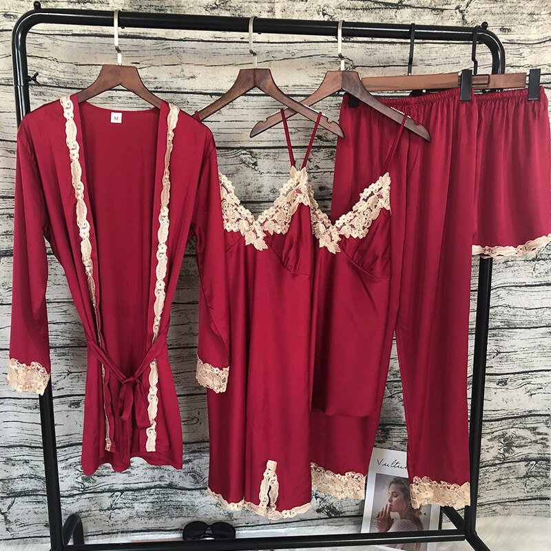2019 Women Sleepwear 5 Pieces Pyjamas Satin Silk
