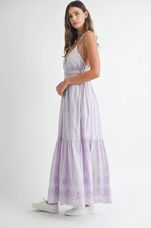 MABLE Eyelet Lace Maxi Dress With Side Strap Details