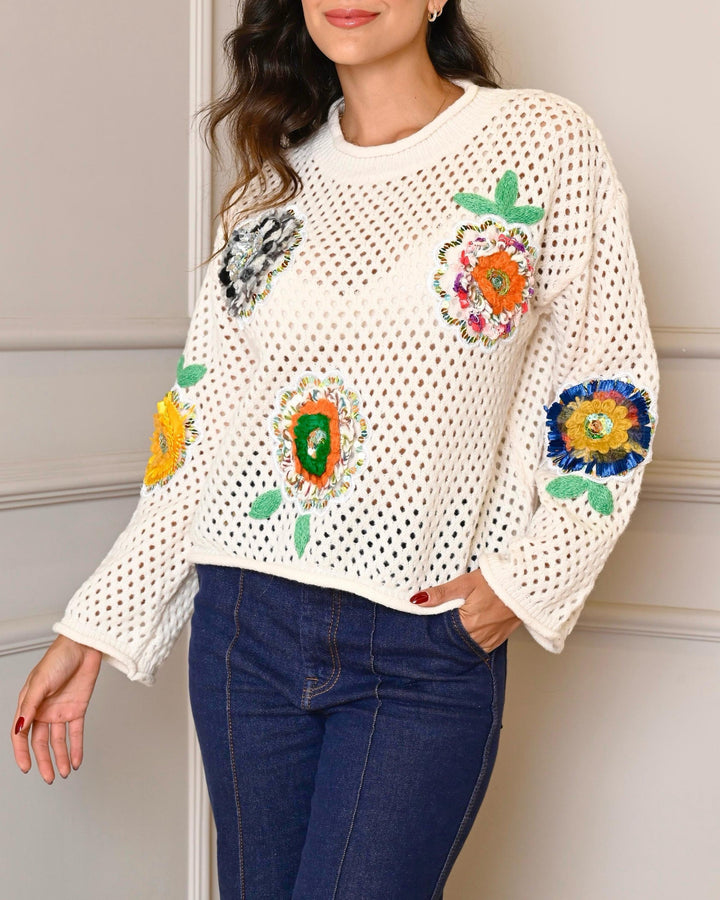 Beige Flower Knit Sweater