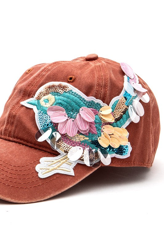 Mix Media Bird Patch Vintage Cotton Canvas Cap