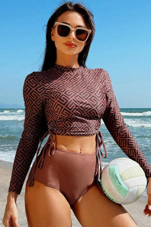 Geometric Printed Ruched Two Pieces Swimsuit