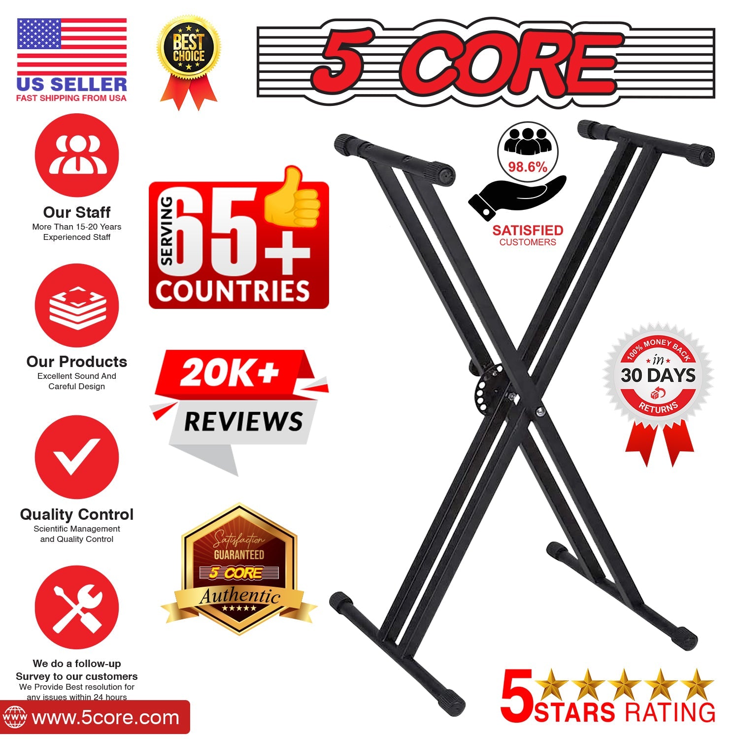 5Core Keyboard Stand Double X Style Adjustable Lift Piano Riser For 49