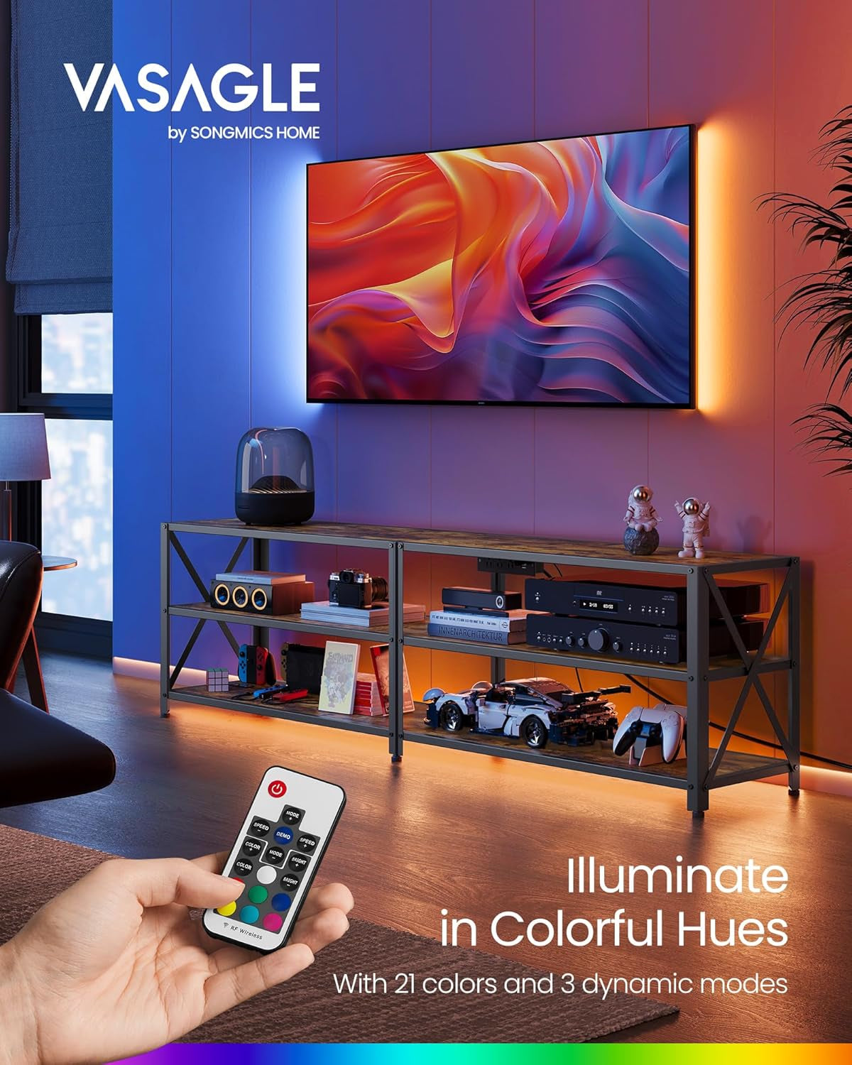 TV Stand with Power Outlets and LED Lights, for Tvs up to 65 Inches,