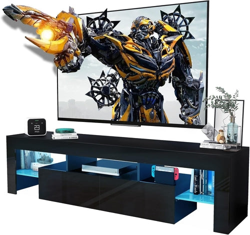 Black TV Stand, 60 65 70 75 Inch Wood TV Stand, High Glossy