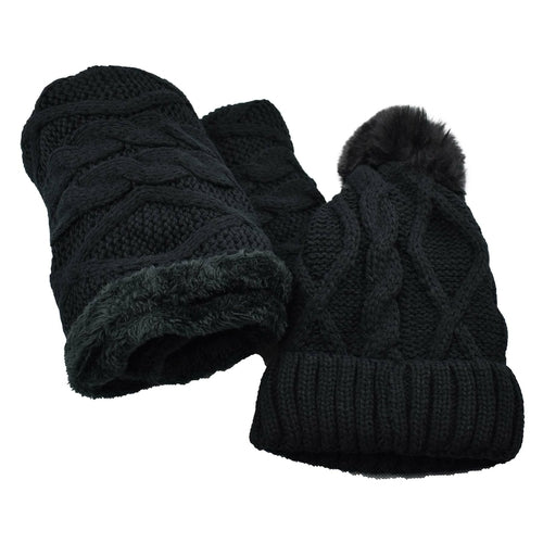 Women's Fuzzy Fur Lined Beanie Pompom Hat and Infinity Scarf Set