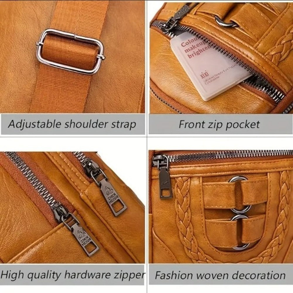 Women Multi-Pocket Vegan Vintage Leather Braided Crossbody Backpack