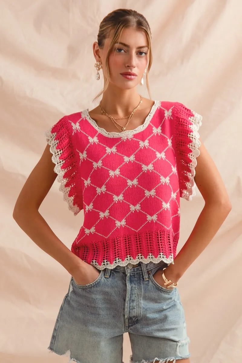 SO ME Bow Ribbon Pattern Sweater Top with Back Key Hole