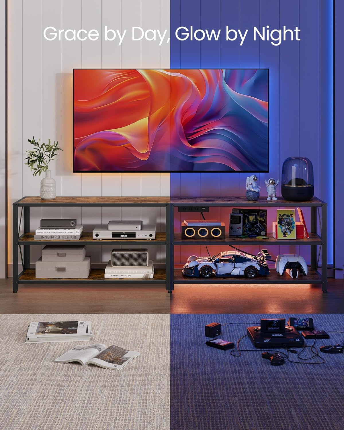 TV Stand with Power Outlets and LED Lights, for Tvs up to 65 Inches,