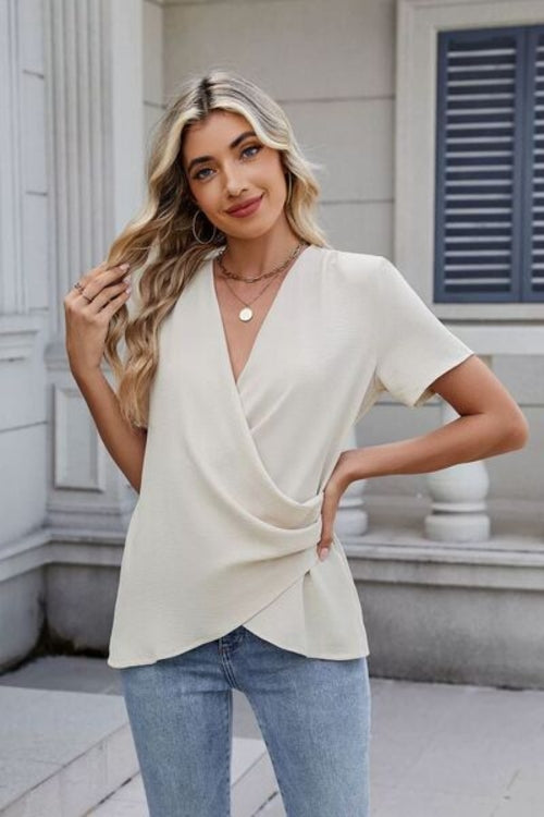 Out of State - Solid Color Surplice Short Sleeve Blouse