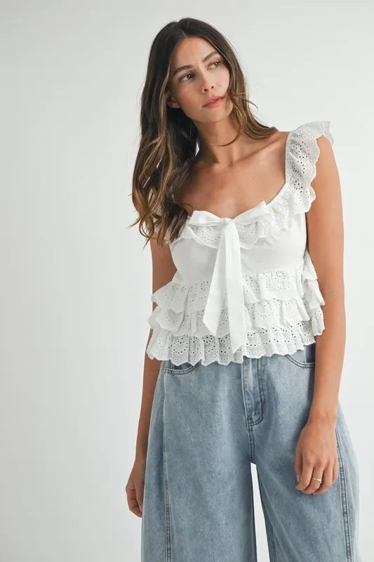 MABLE Eyelet Embroidered Front Tie Ruffle Top