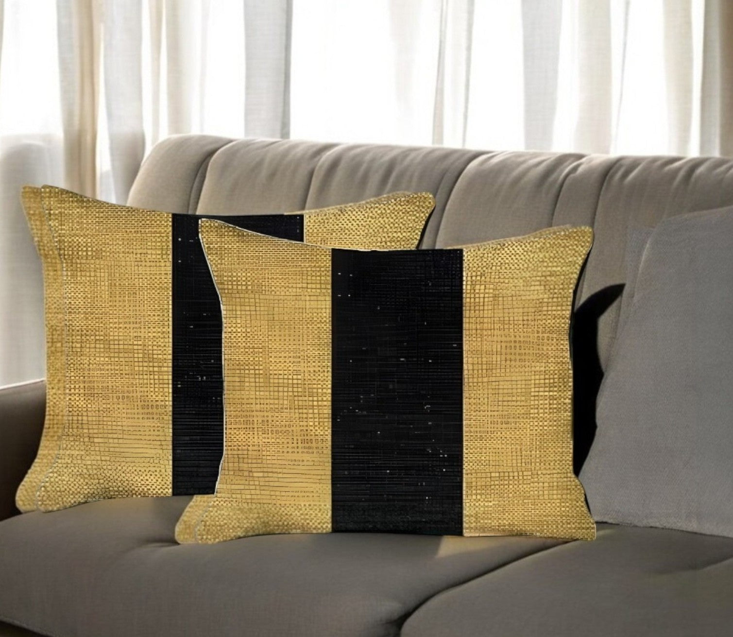 Set Of Two 18" X 18" Yellow And Black Geometric Zippered Handmade