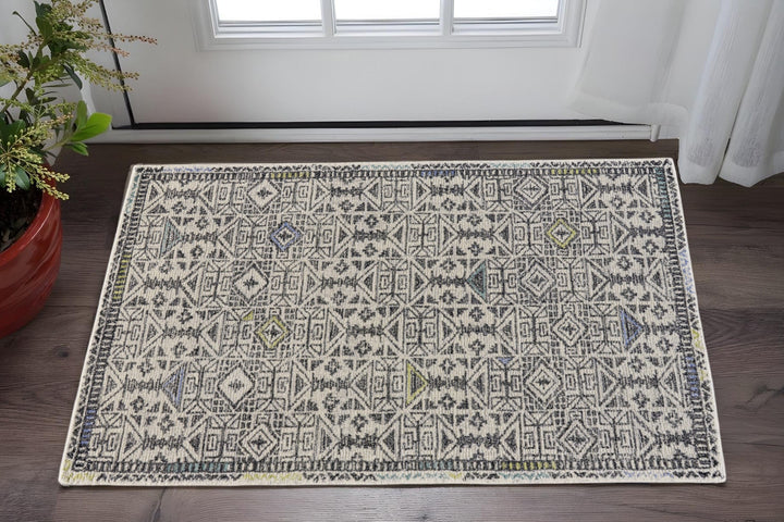 4' X 6' Gray Ivory And Black Wool Geometric Tufted Handmade Area Rug