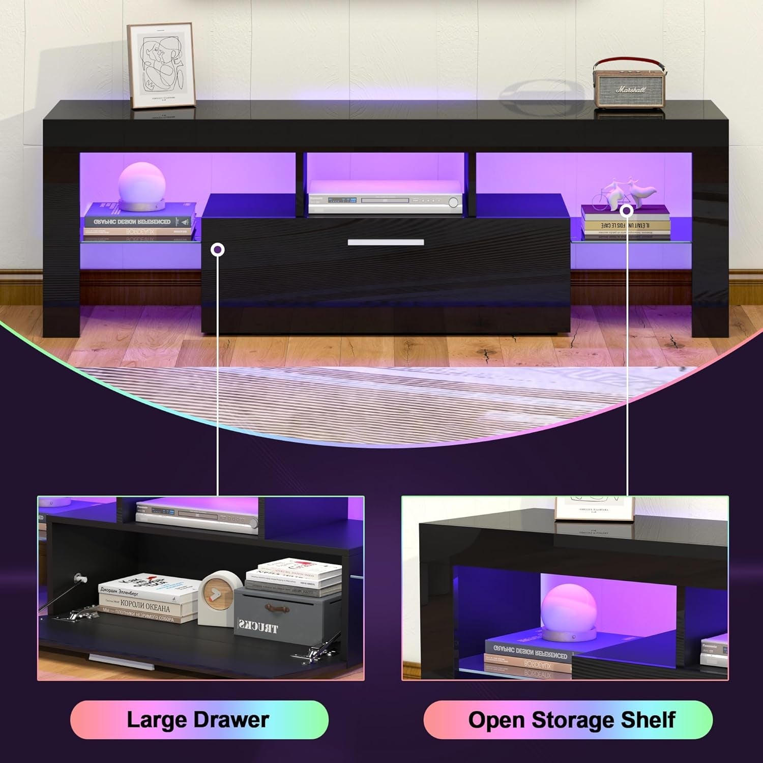 Black LED TV Stand with Large Storage Drawer for 32 40 50 55 Inch Tvs,