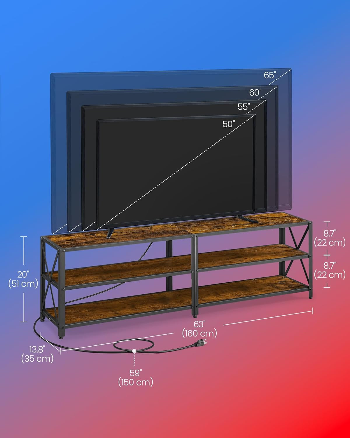 TV Stand with Power Outlets and LED Lights, for Tvs up to 65 Inches,