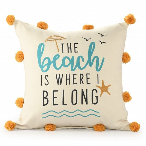 20" Natural Aqua And Orange The Beach Is Where I Belong Throw Pillow