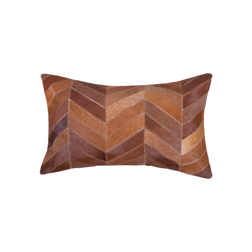 Set of Two 12" X 20" Tan Chevron Cowhide Lumbar Throw Pillows