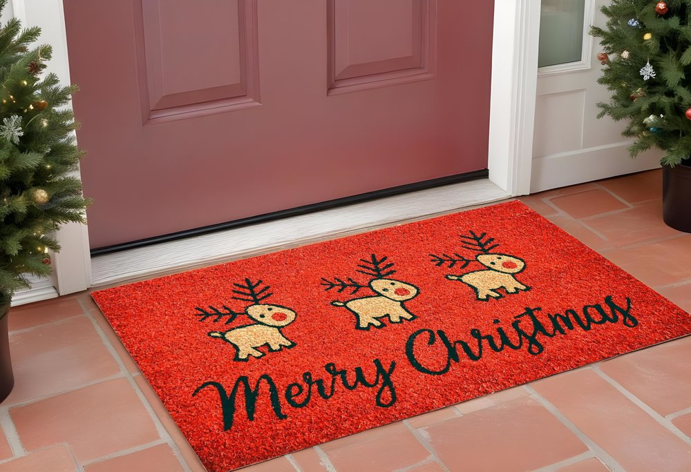 24" X 36" Red and Black Coir Reindeer Merry Christmas Outdoor
