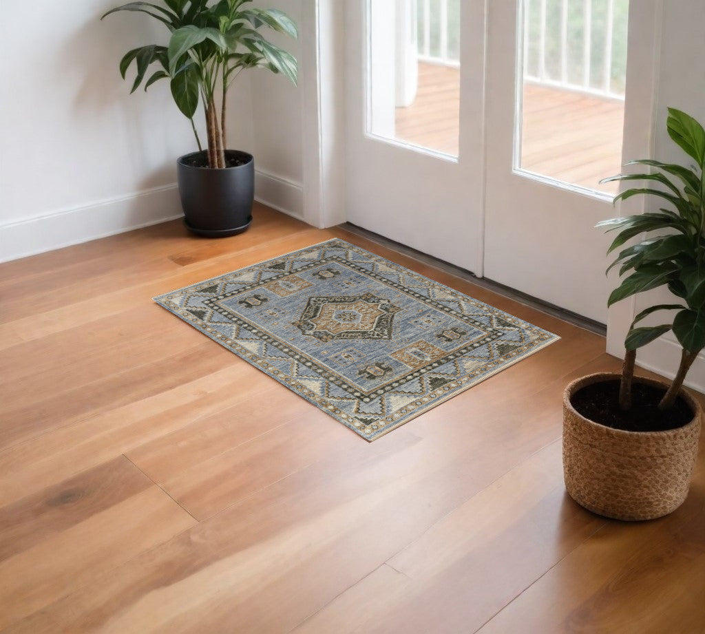 8' Ivory Tan And Blue Wool Oriental Hand Knotted Round Rug With Fringe