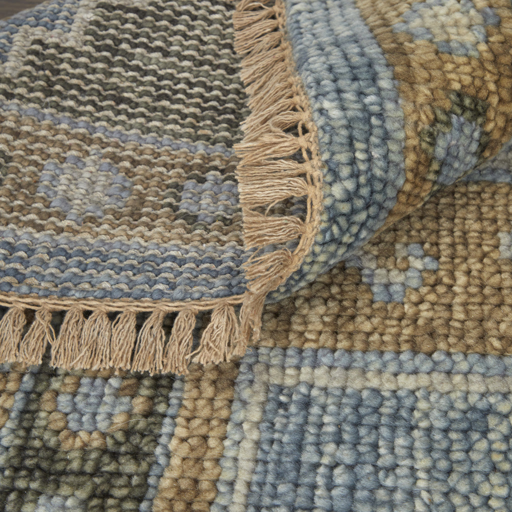 8' Ivory Tan And Blue Wool Oriental Hand Knotted Round Rug With Fringe