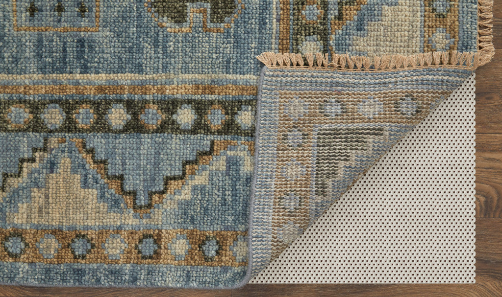 8' Ivory Tan And Blue Wool Oriental Hand Knotted Round Rug With Fringe