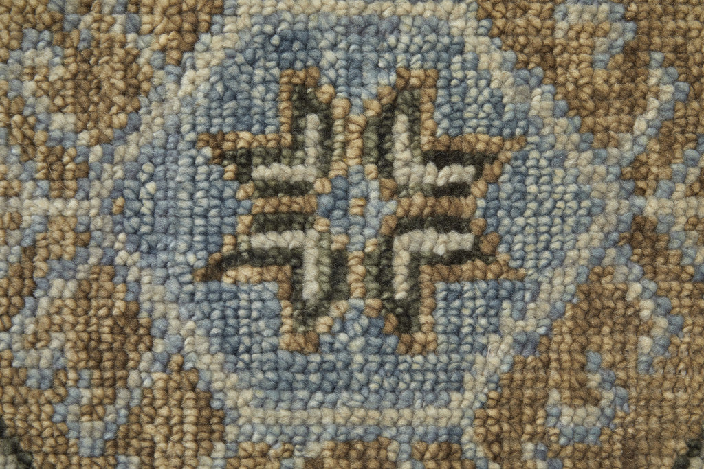 8' Ivory Tan And Blue Wool Oriental Hand Knotted Round Rug With Fringe