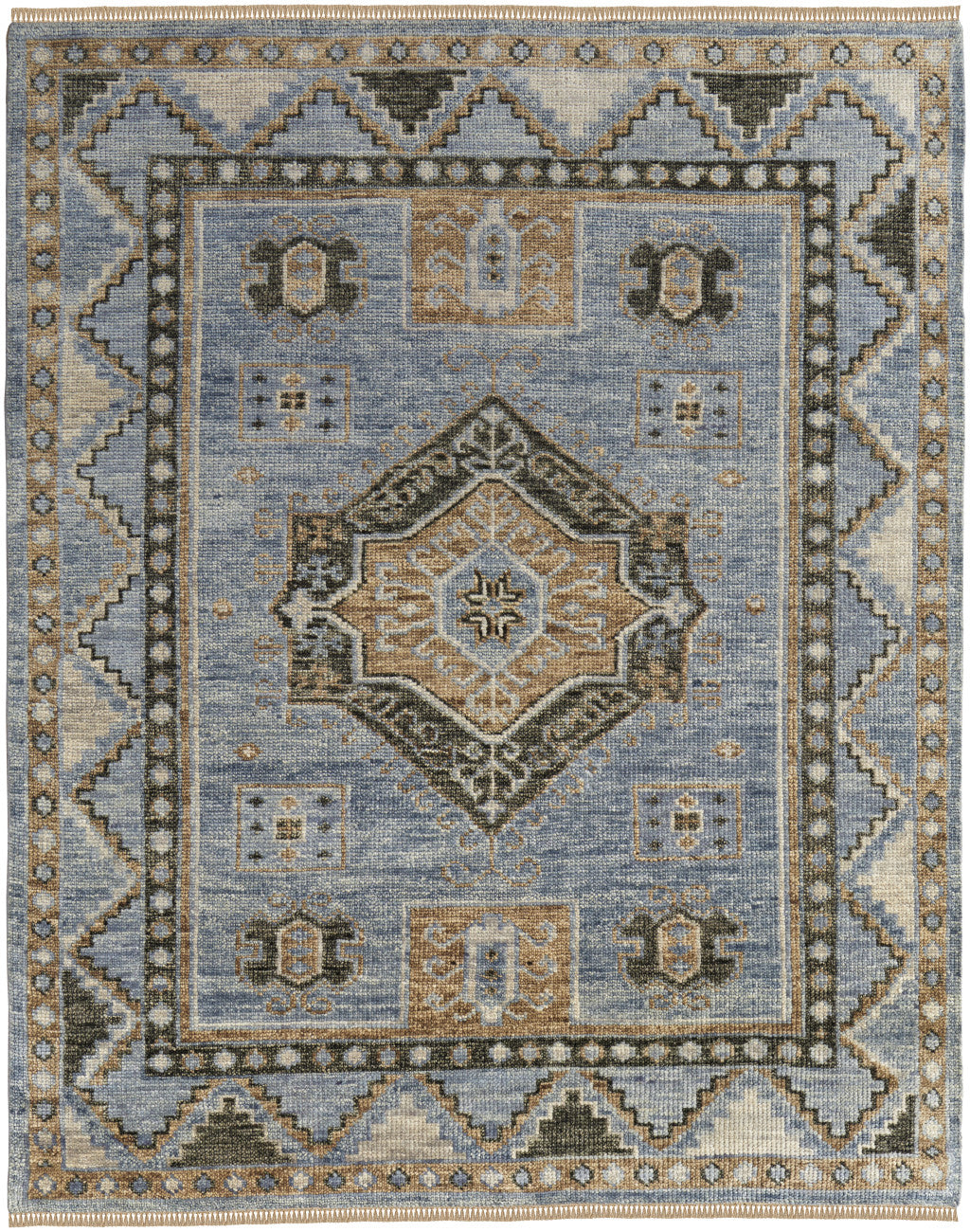 8' Ivory Tan And Blue Wool Oriental Hand Knotted Round Rug With Fringe