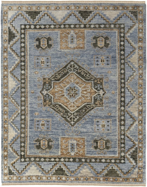 8' Ivory Tan And Blue Wool Oriental Hand Knotted Round Rug With Fringe