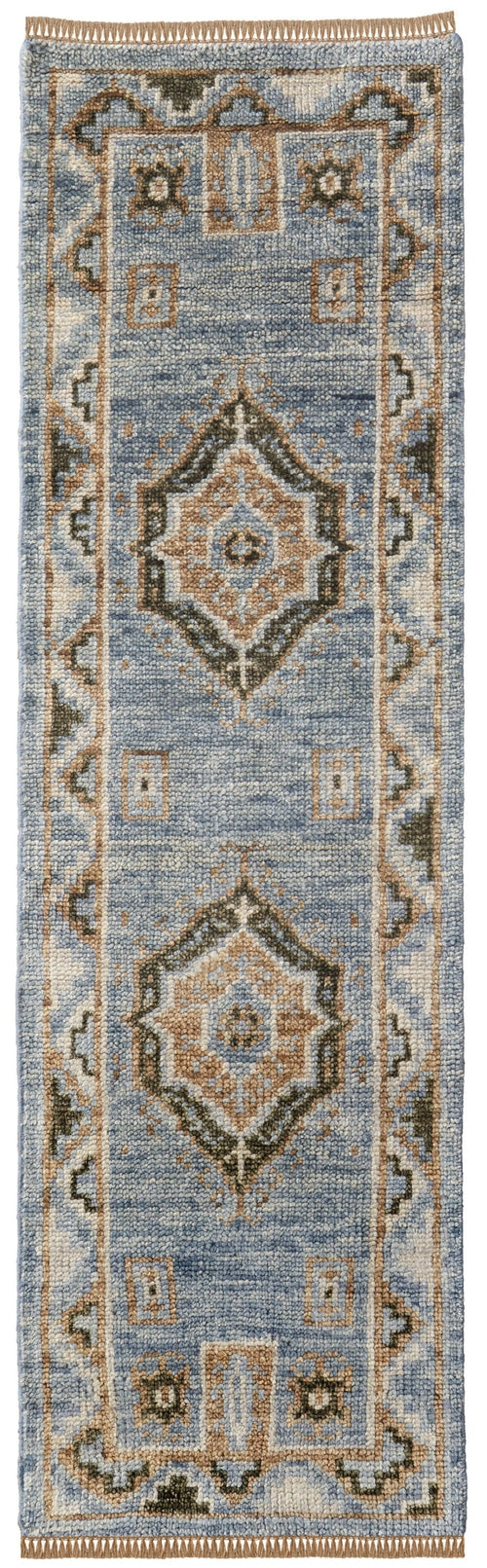 8' Ivory Tan And Blue Wool Oriental Hand Knotted Round Rug With Fringe