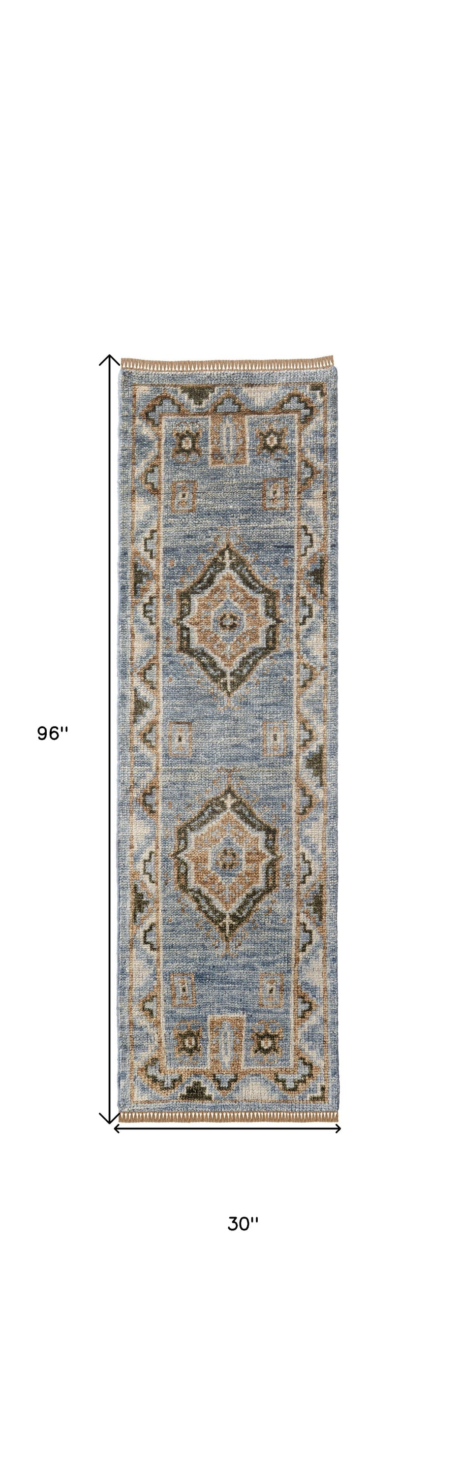 8' Ivory Tan And Blue Wool Oriental Hand Knotted Round Rug With Fringe
