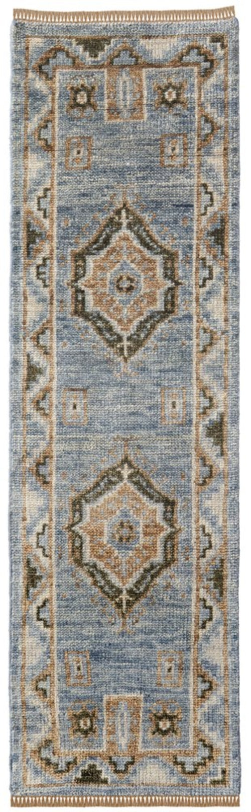 8' Ivory Tan And Blue Wool Oriental Hand Knotted Round Rug With Fringe