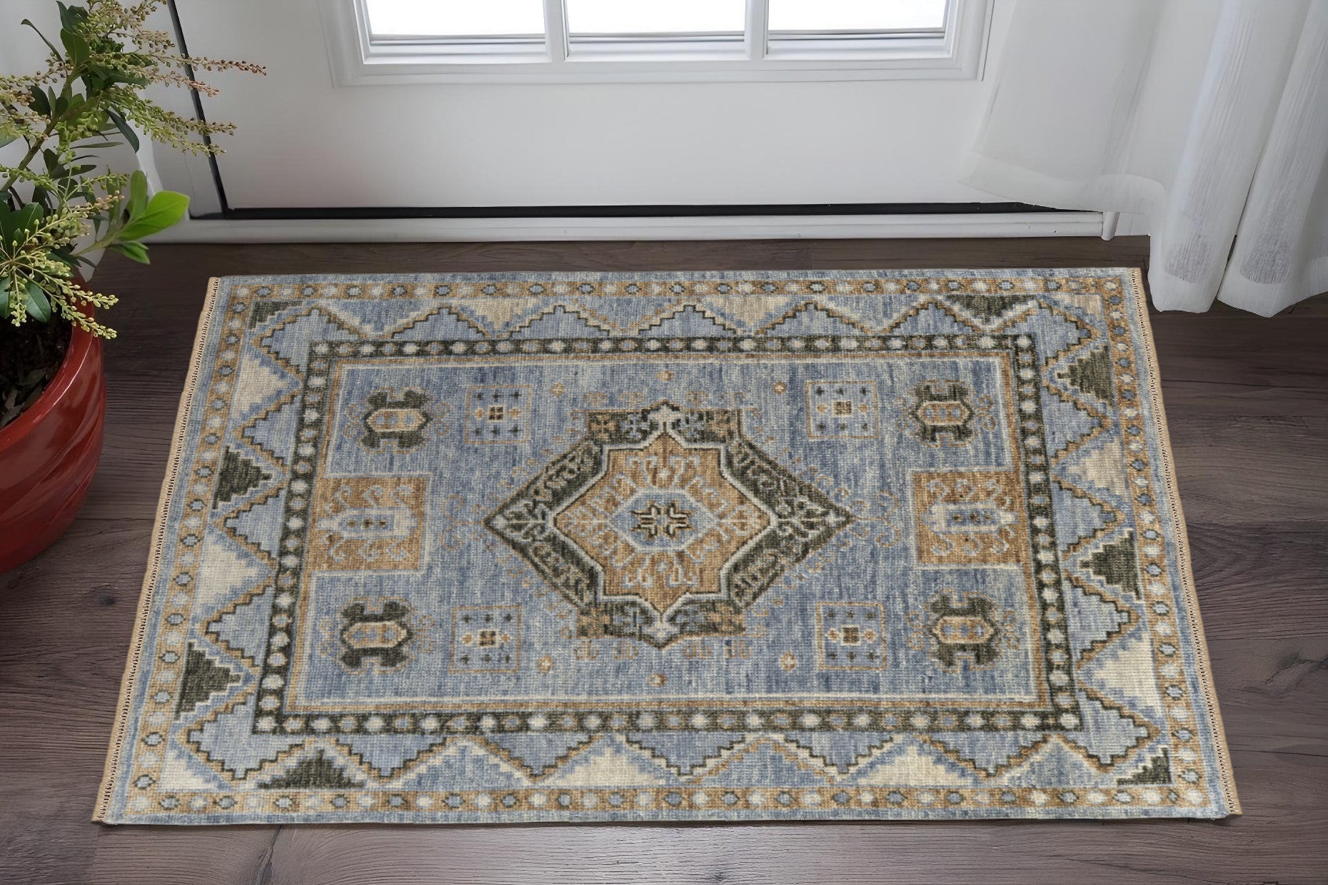 8' Ivory Tan And Blue Wool Oriental Hand Knotted Round Rug With Fringe