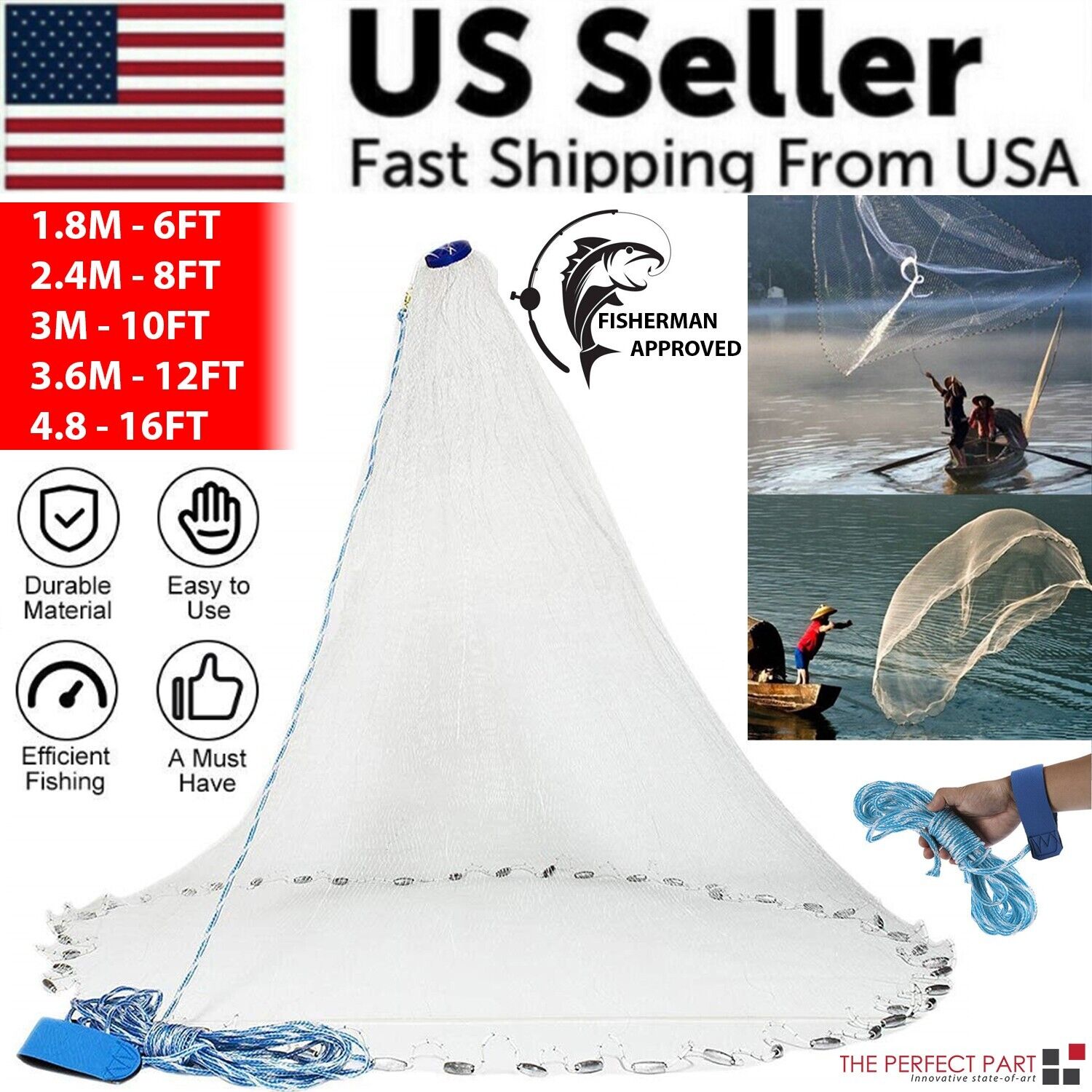 6/8/10/12/16FT Fishing Cast Net Bait Easy Throw Hand Cast Strong Nylon