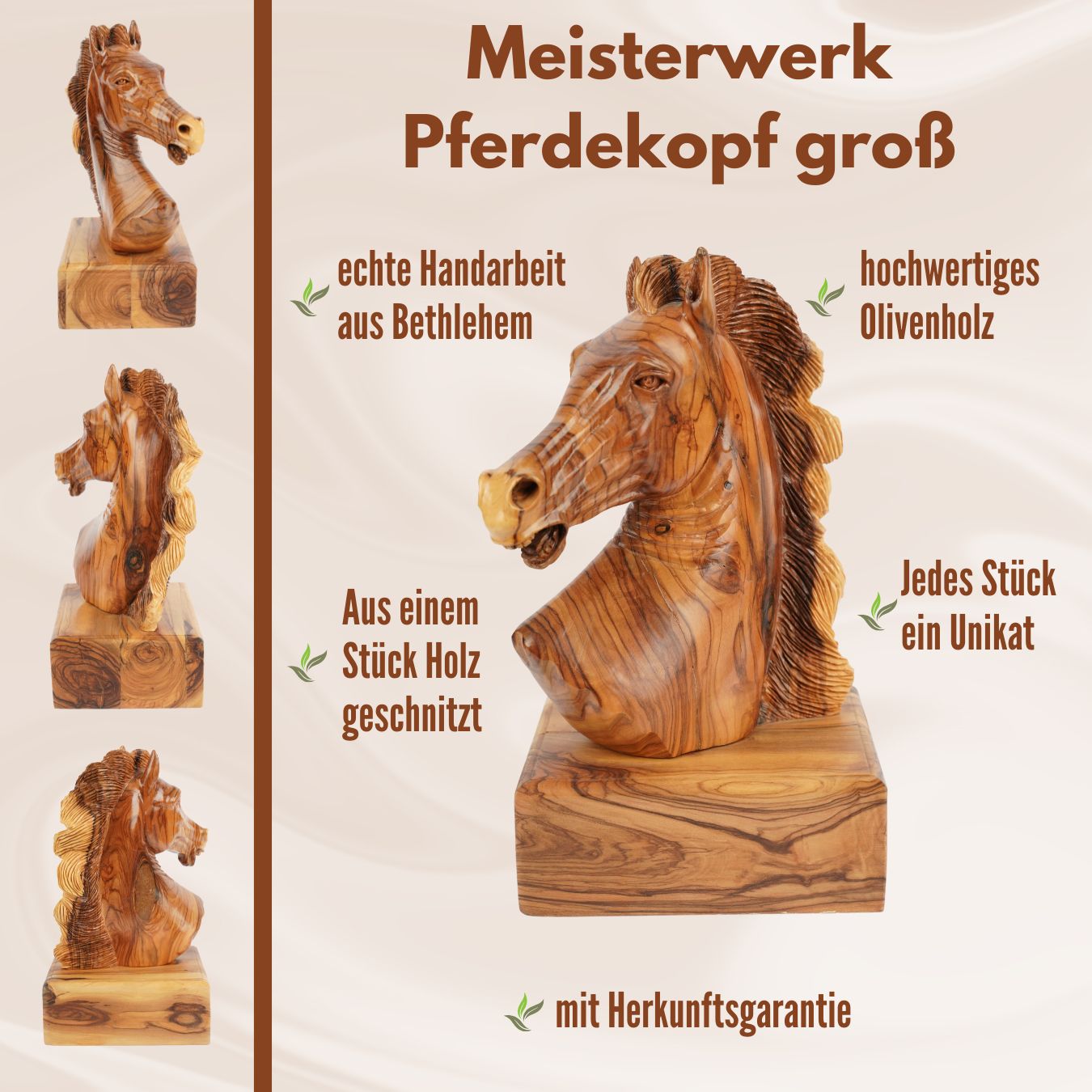 Handgeschnitzter Pferdekopf aus Olivenholz (groß) – Exklusive