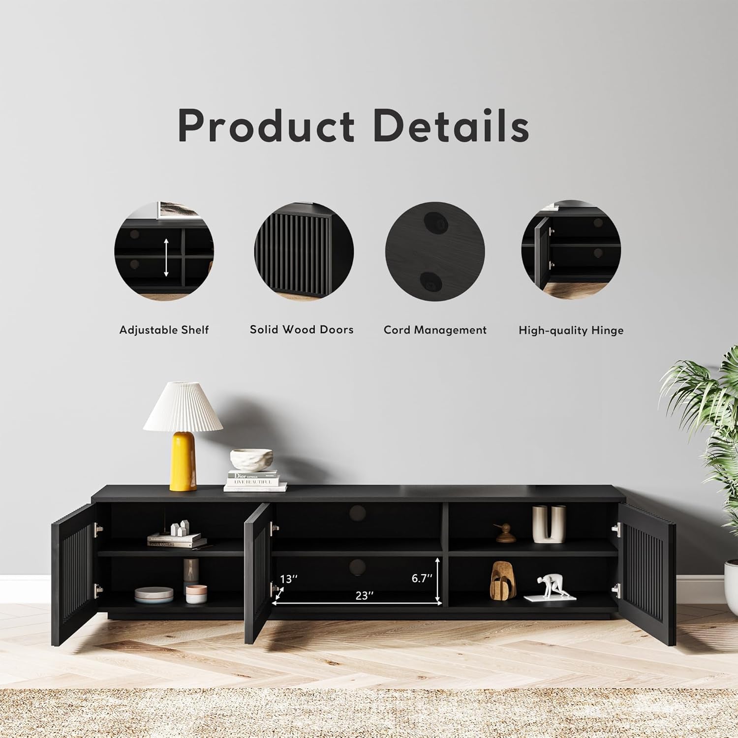 Modern Solid Wood TV Stand, Black Entertainment Center for 65 Inch TV,