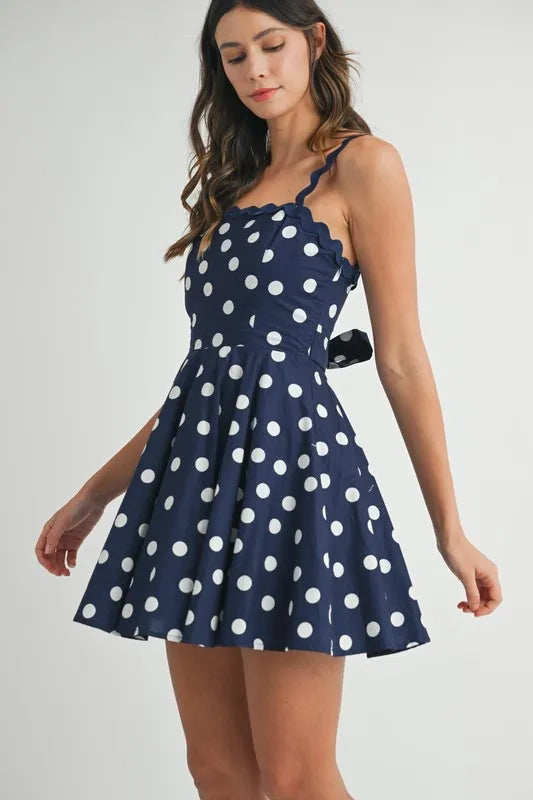 MABLE Polka Dot Mini Dress with Ricrac Trim Strap