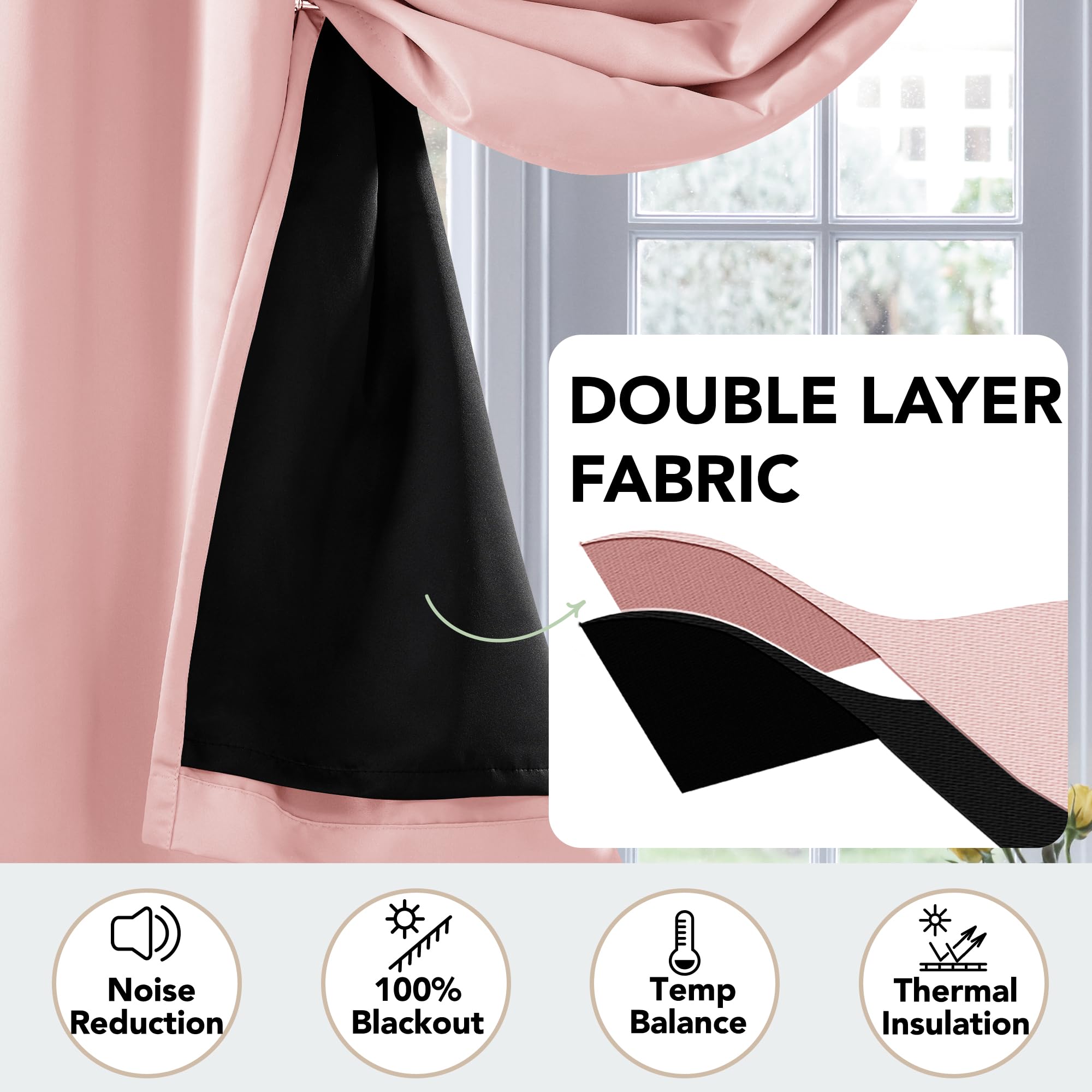 Thermal Noise-Reducing Blackout Curtain, 100x84 Inch, Pink