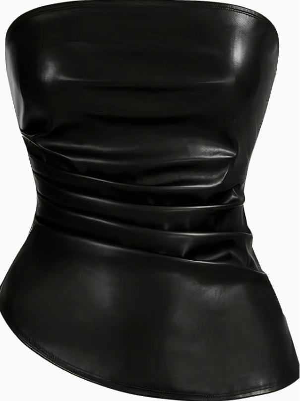 Women Carnival Concert Leather Bandeau Pleated Asymmetric Top