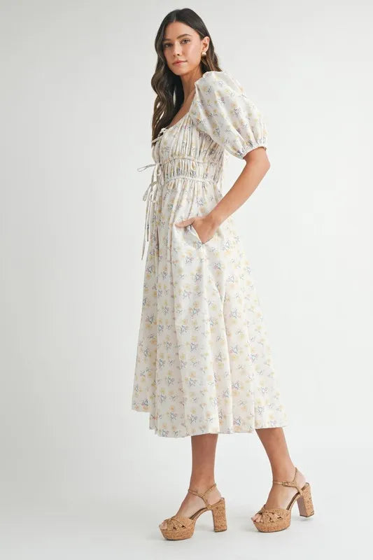 MABLE Floral Drawstring Detail Puff Sleeve Midi Dress